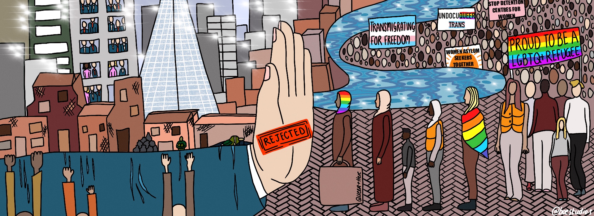 a gigantic hand stopping diverse refugees, including women in rainbow and rainbow hijab, people of diverse colours, age, being rejected from entering the city. a person is wrapped in the rainbow flag. some can be seen clinging on to the rejecting hand. there are 5 signs, which say proud to be a LGBTQ+ refugee, stop detention centers for women, women asylum seekers together, trans migrating for freedom, and undocu queer trans. behind the rejecting hand is the city. a few buildings can be seen. there are people from the building who are observing the situation