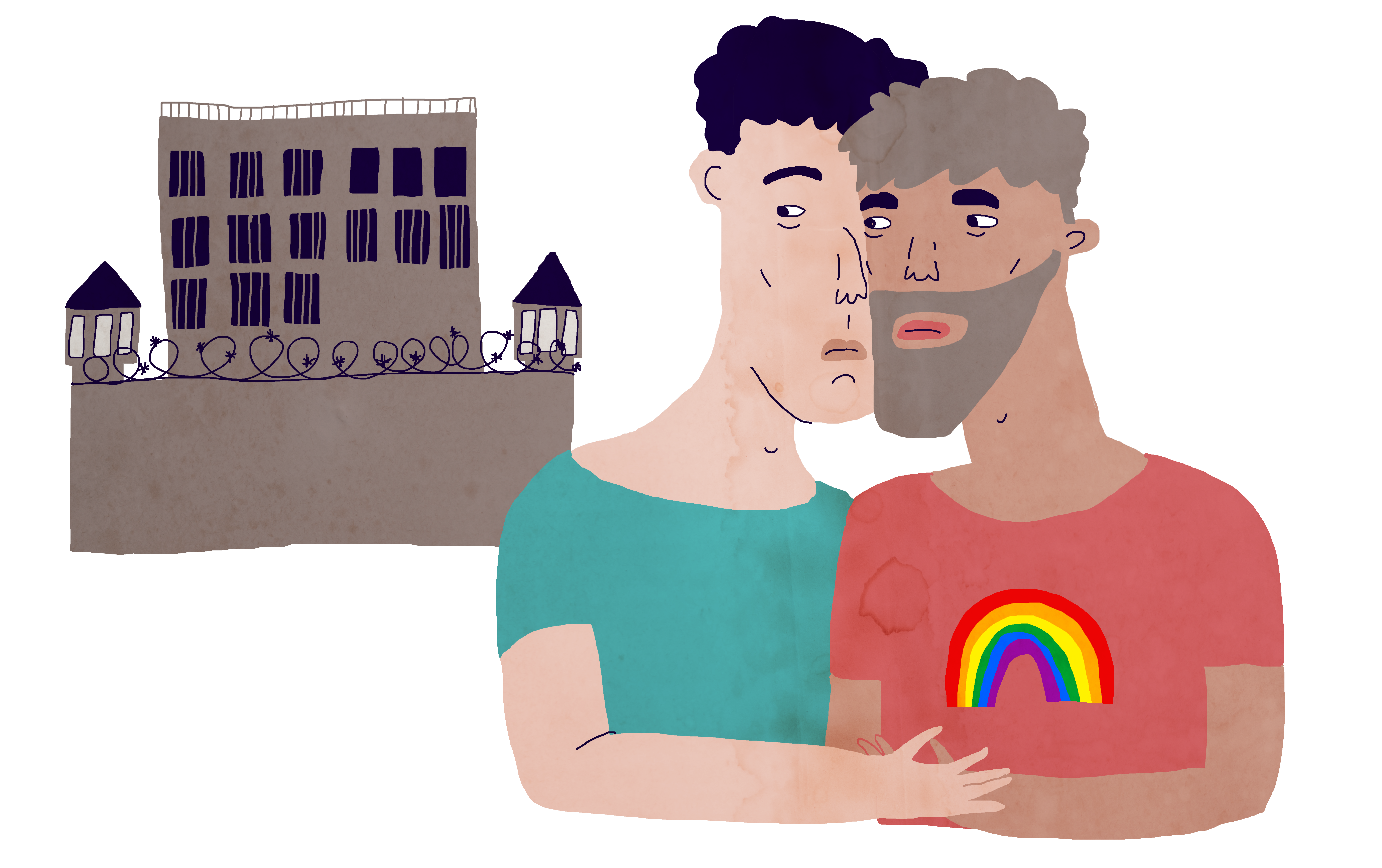 The image features Two masculine presenting persons holding each other. One wearing a blank turquoise shirt. the other is wearing a reddish shirt with a rainbow on it. He has a beard. They are standing away from and looking at a prison building with barbed wires. The prison is building is behind them